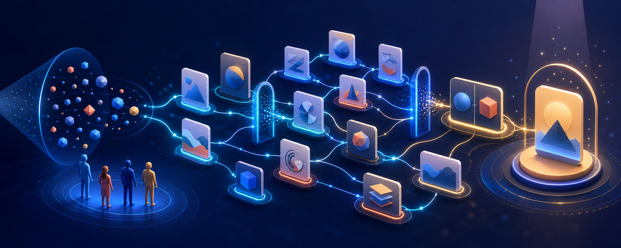 Interconnected content modules guide several buyers from broad discovery through deeper resources toward a decision point.