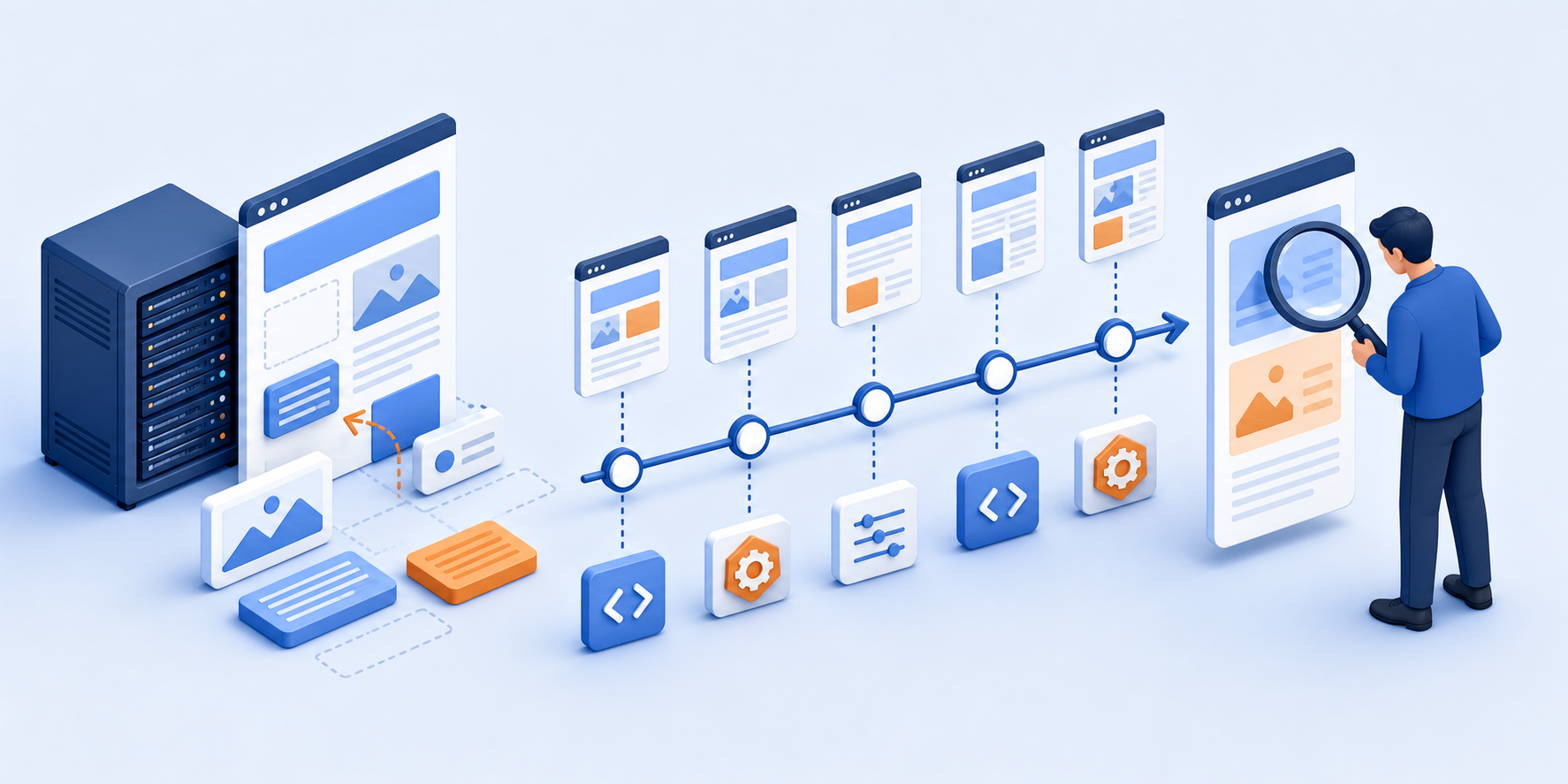 An analyst examines preserved website snapshots and configuration components arranged along an unlabeled deployment timeline.