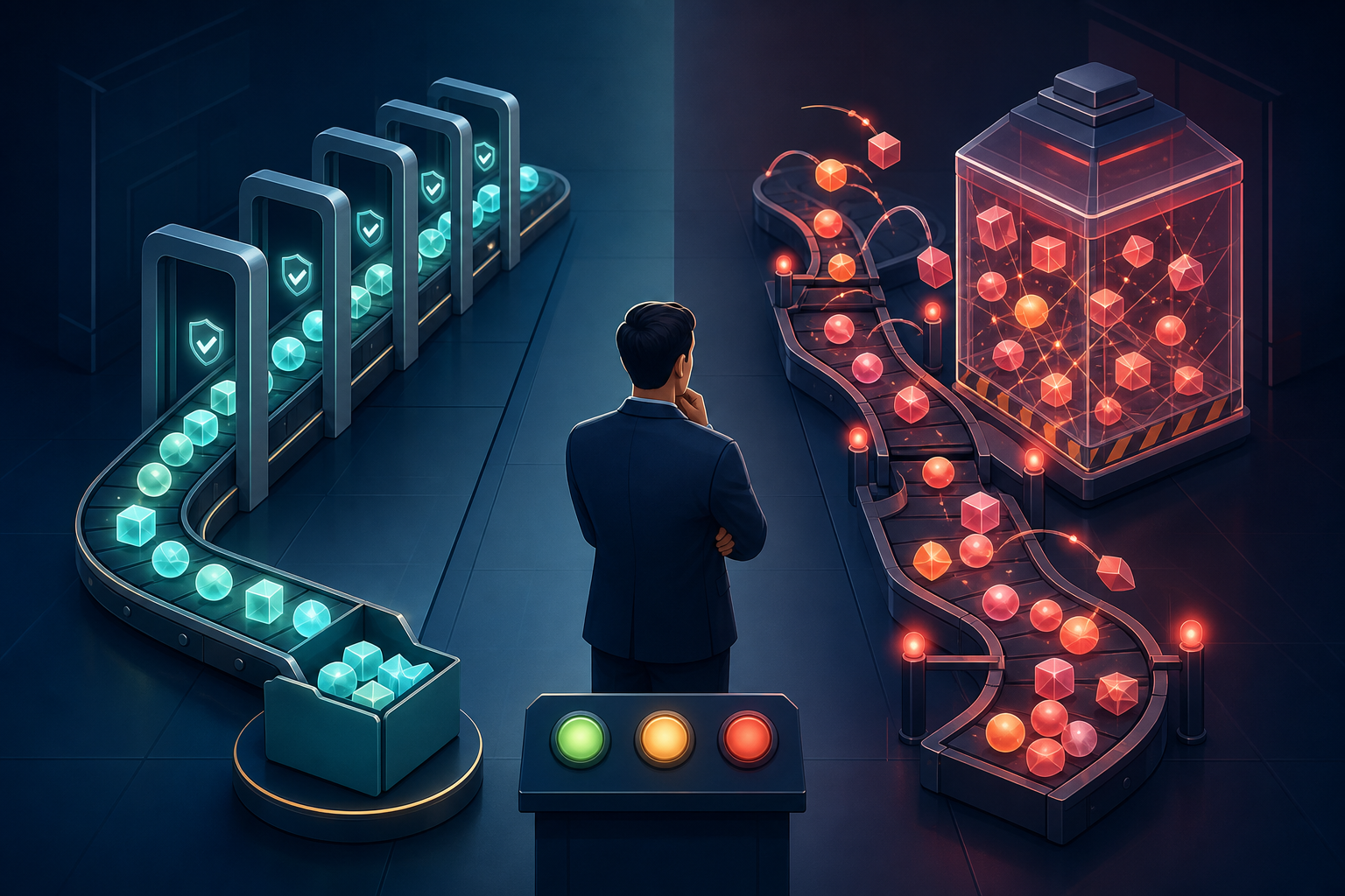 An analyst compares a validated data pipeline with an interrupted pipeline whose data is held for review.