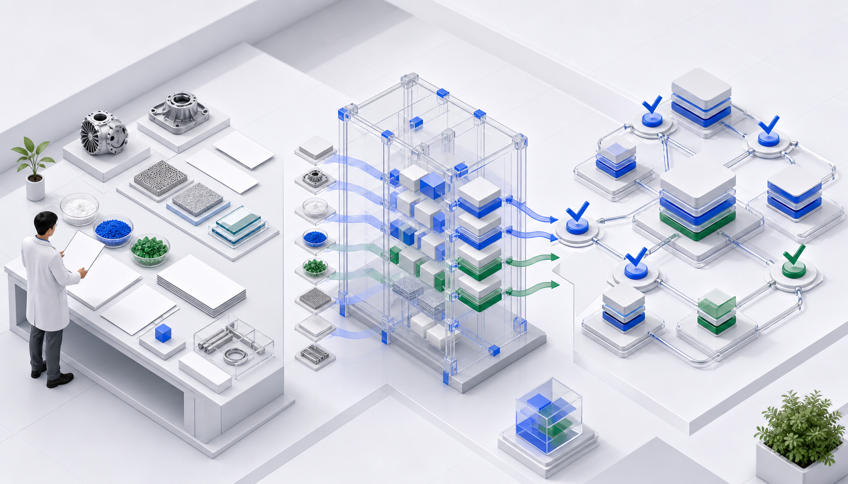 Isometric illustration of an expert's source materials being organized into linked, verifiable information blocks.