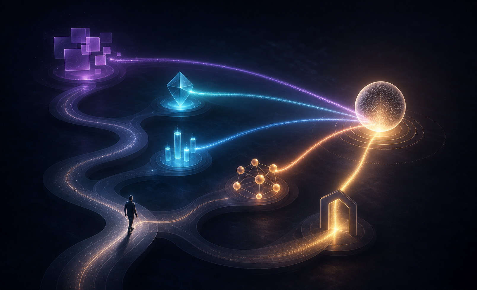 Conceptual illustration of a buyer moving through search, AI, verification, recommendation, and website touchpoints before a decision.