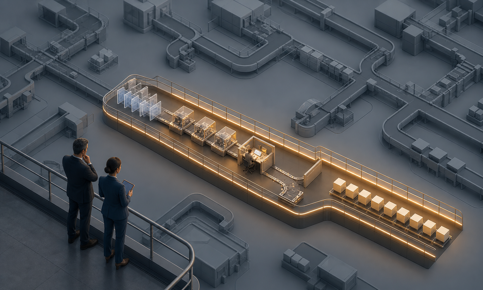 Two operations leaders examine one illuminated, guardrailed process lane within a larger floor of branching workflows.