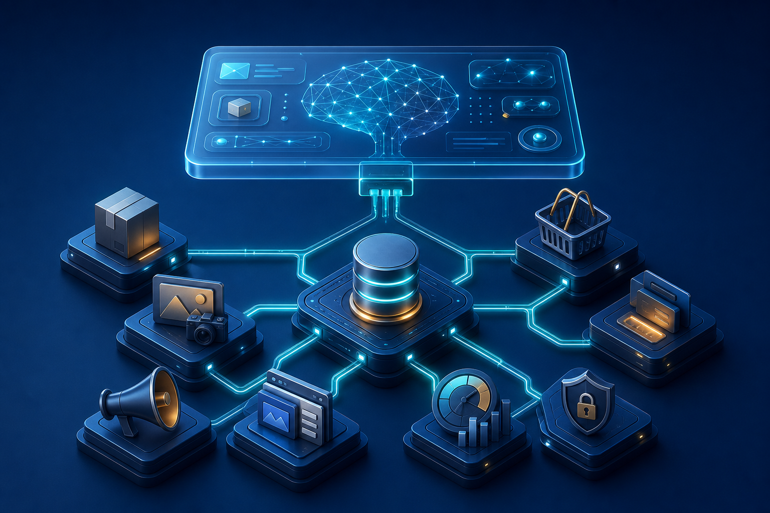 An AI interface layer floats above connected commerce infrastructure modules for product data, content, checkout, analytics, privacy, and governance.