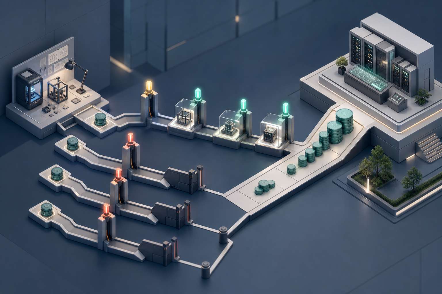 An isometric pathway sends small experiments through checkpoints, stopping weak paths while stronger evidence unlocks progressively larger pools of investment.