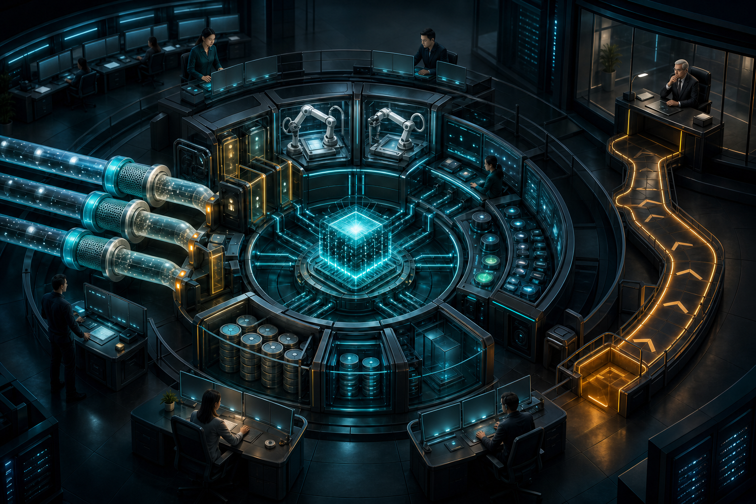 A central AI computing unit is surrounded by data filters, permission gates, test chambers, monitoring equipment, audit storage, and human review stations.