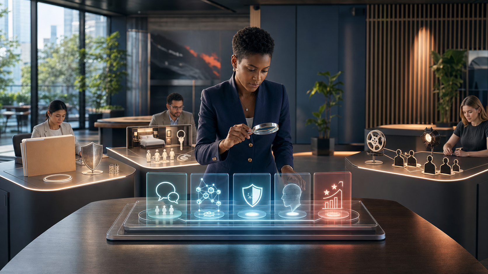 A procurement leader compares three agency workstations while examining a transparent model of connected questions, entities, safeguards, AI answers, and business outcomes.