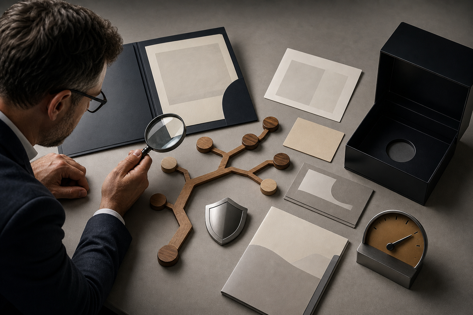 A strategy director examines case-study materials, entity tokens, source documents, a claim shield, and a customer decision path beside an empty presentation box.