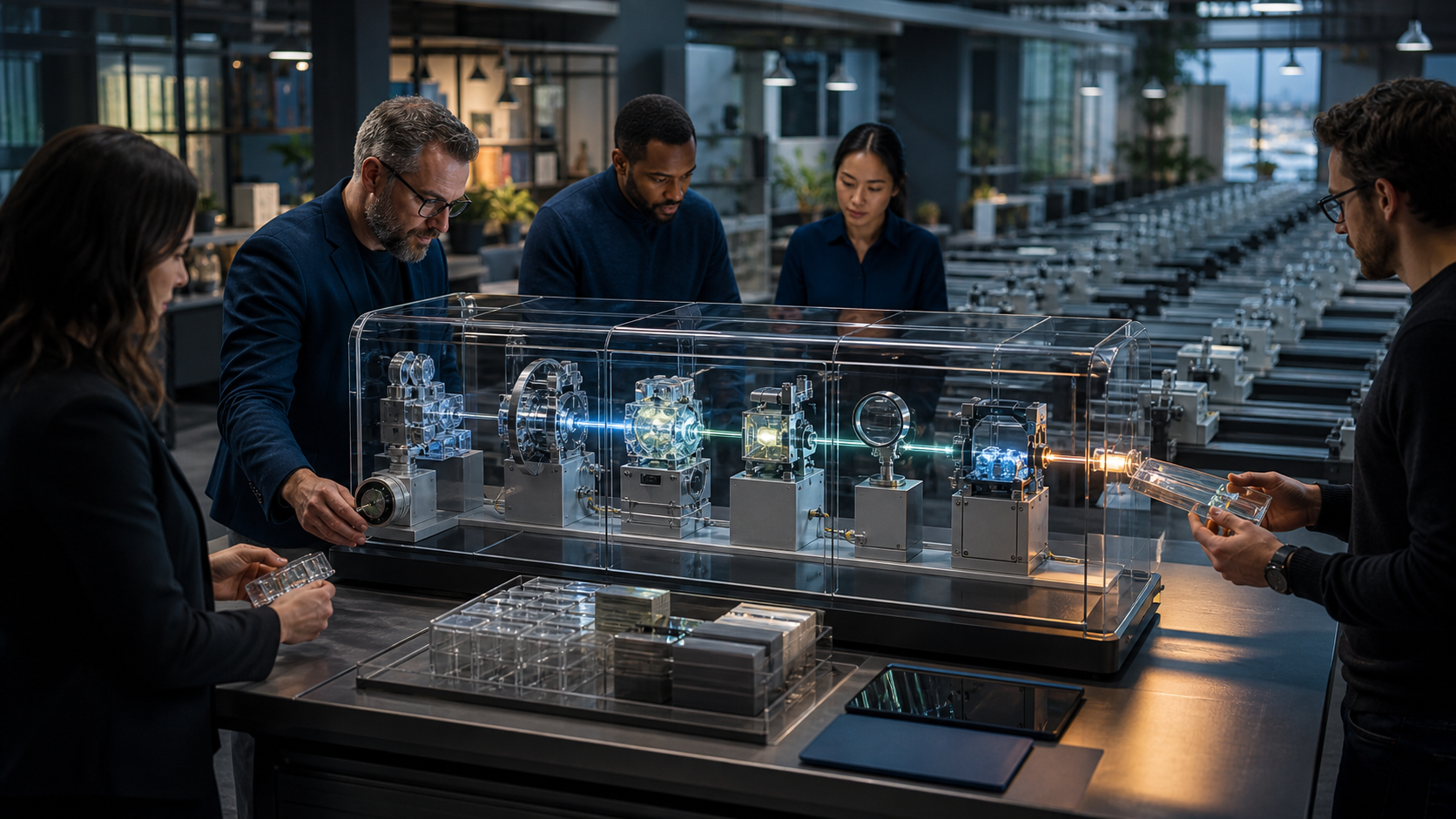A client and agency team observes a compact test chamber that moves source blocks through connected research, review, monitoring, and measurement modules before wider lanes are activated.