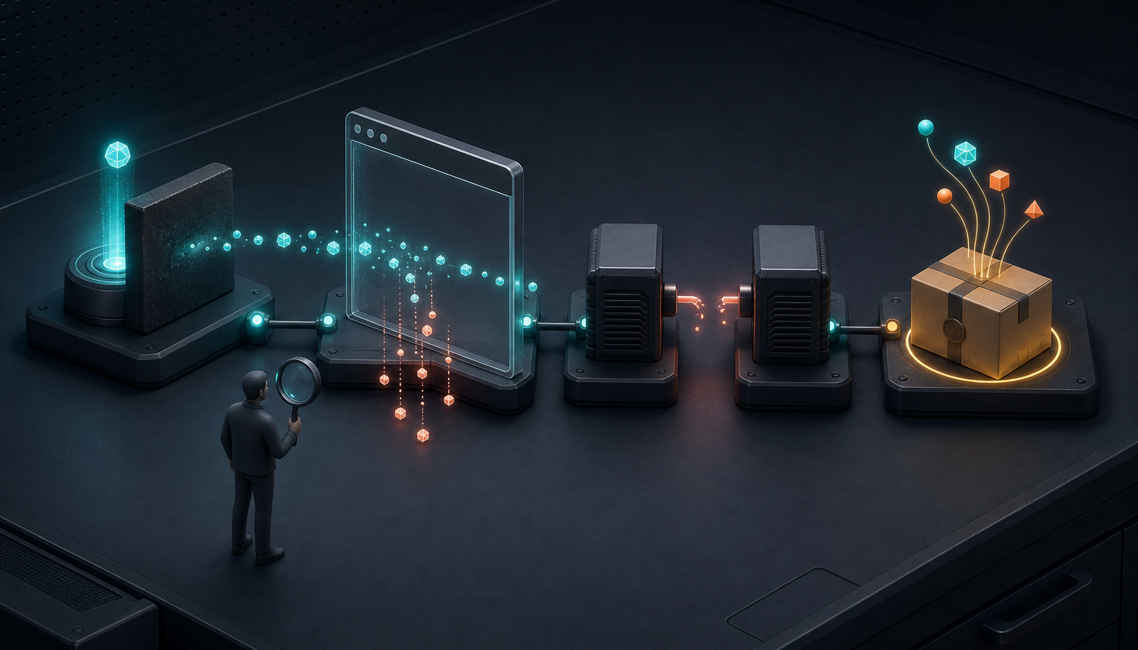 An analyst inspects four distinct breaks along a modular measurement chain carrying glowing signals toward a completed purchase parcel.