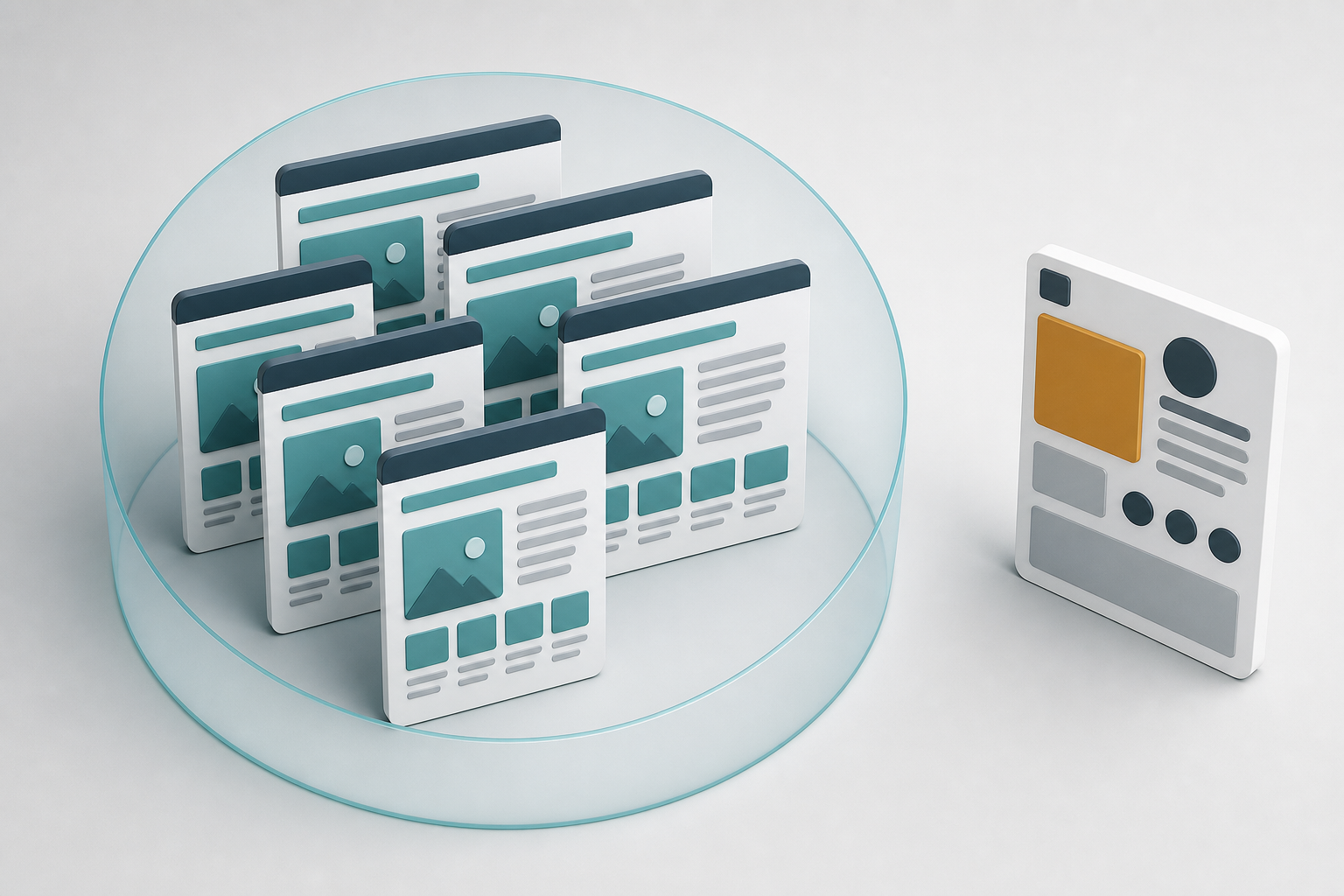 Several structurally similar web-page cards grouped inside a translucent cluster, with a different page outside it.