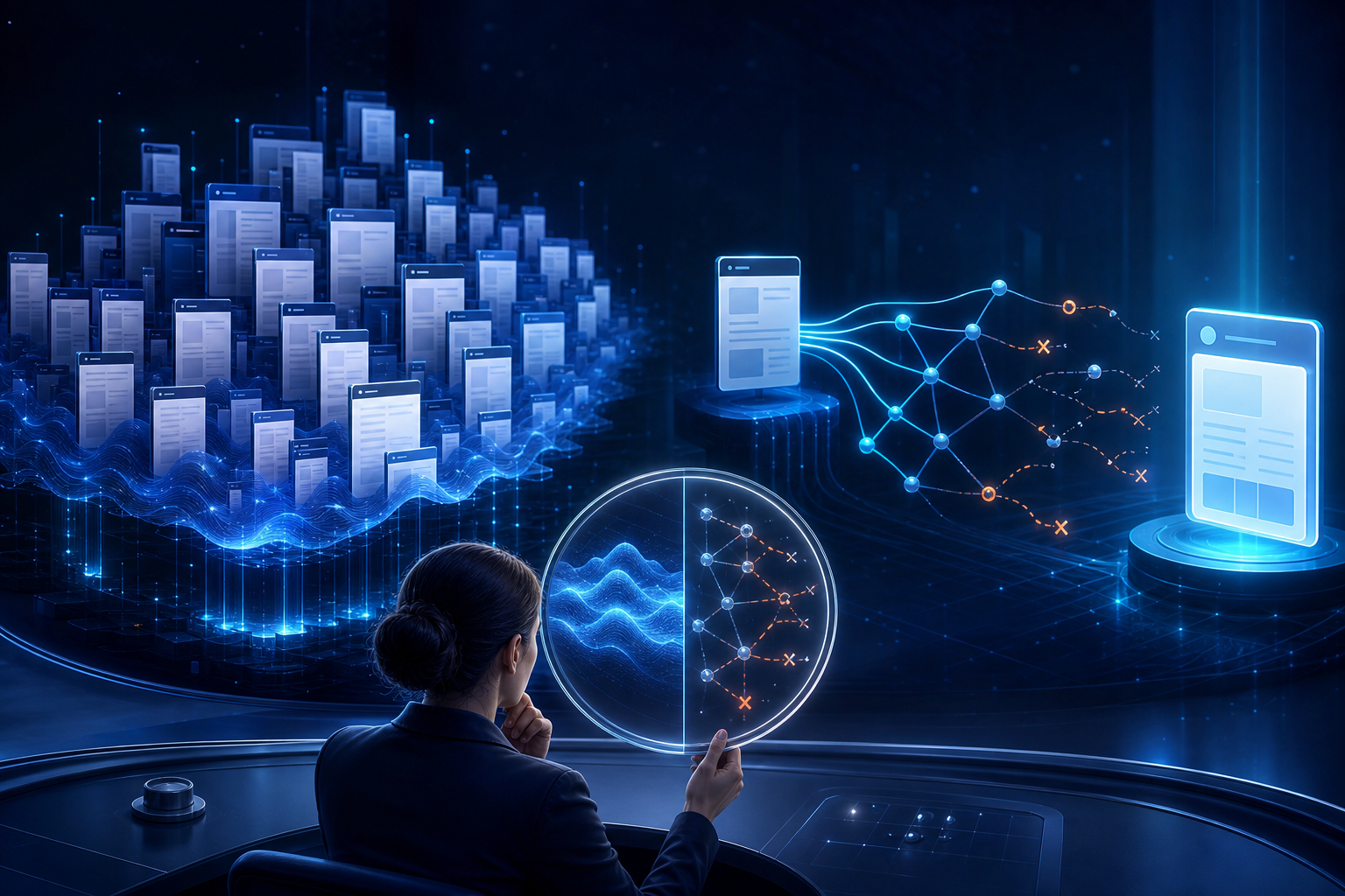 An analyst compares widespread movement among web pages with broken connections between a source page and an AI answer system.