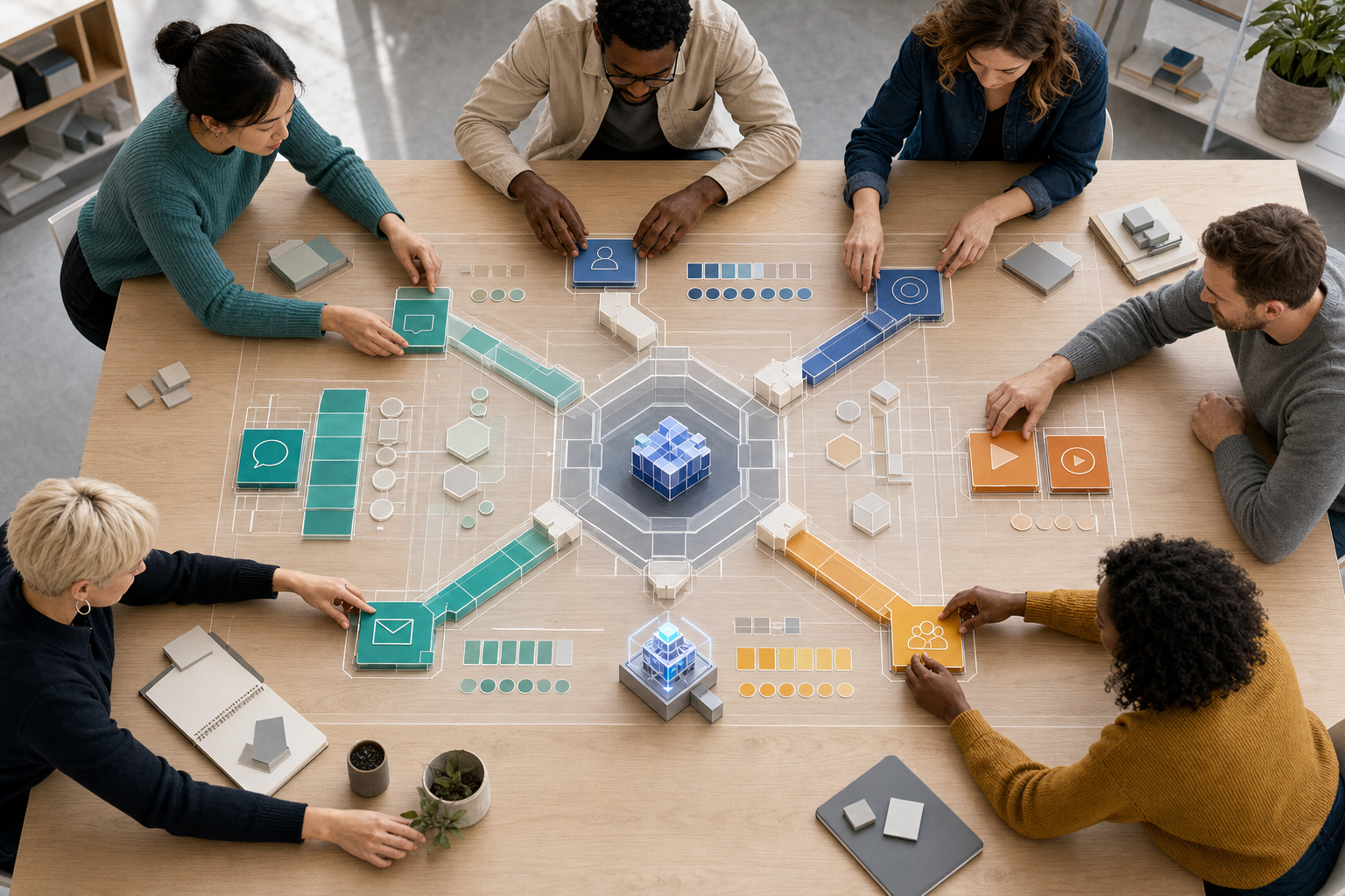 Team members assemble channel components around a shared campaign blueprint while a small glowing AI mechanism works within predefined slots.