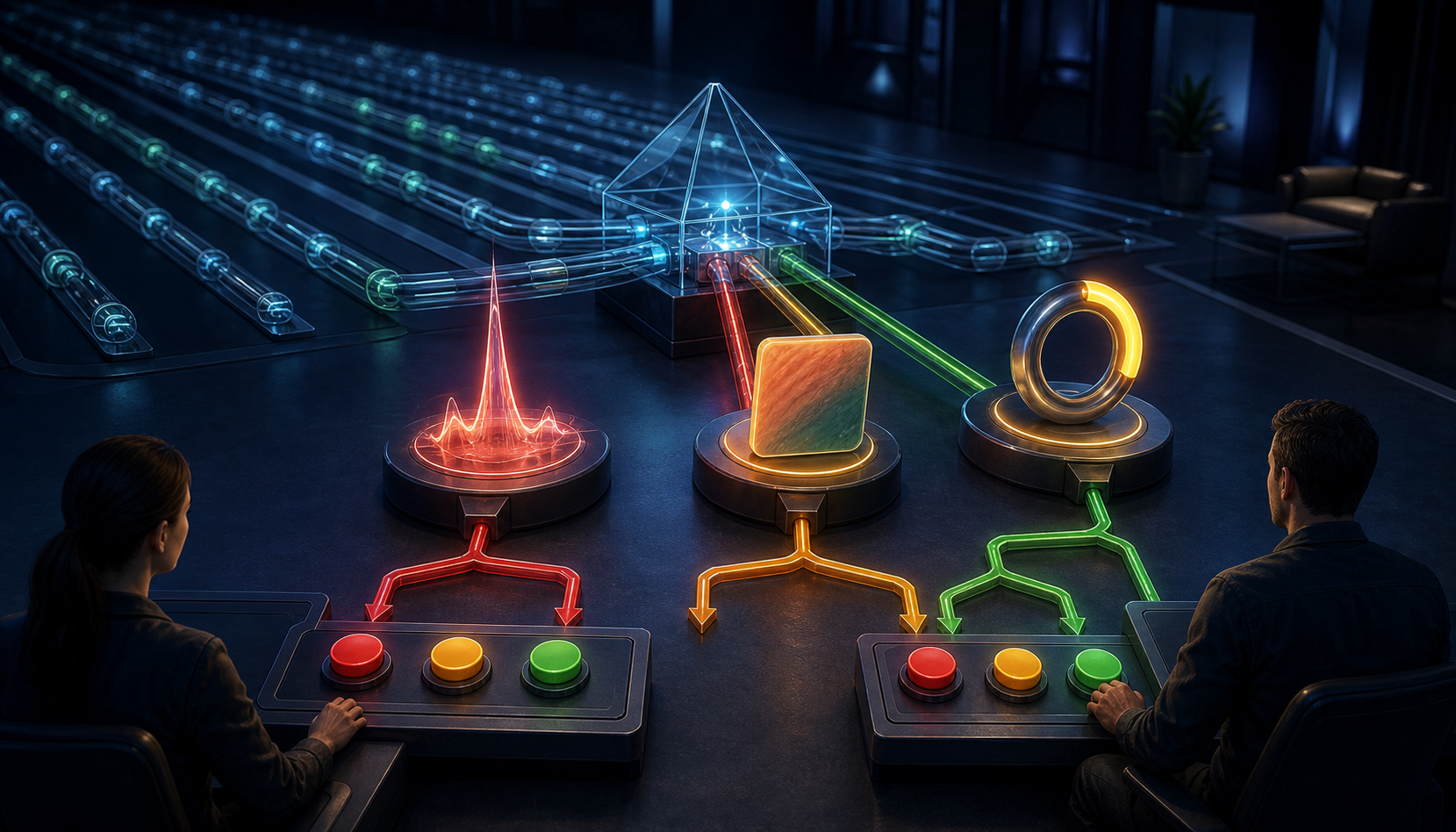 Two marketing operators review three highlighted campaign exceptions routed by a transparent AI prism while routine signals continue in the background.