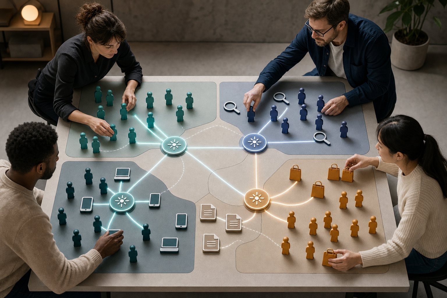 A marketing team arranges audience, device, search, shopping, document, and AI symbols on an unlabeled strategy table connected by illuminated routes.