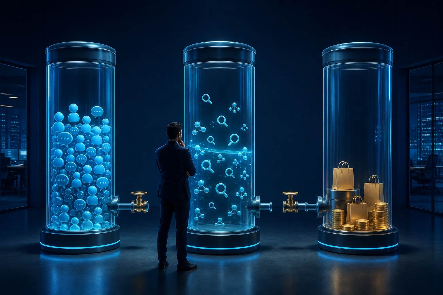 An analyst examines three separate transparent instruments containing usage tokens, discovery symbols, and purchase symbols connected by narrow pipes and valves.