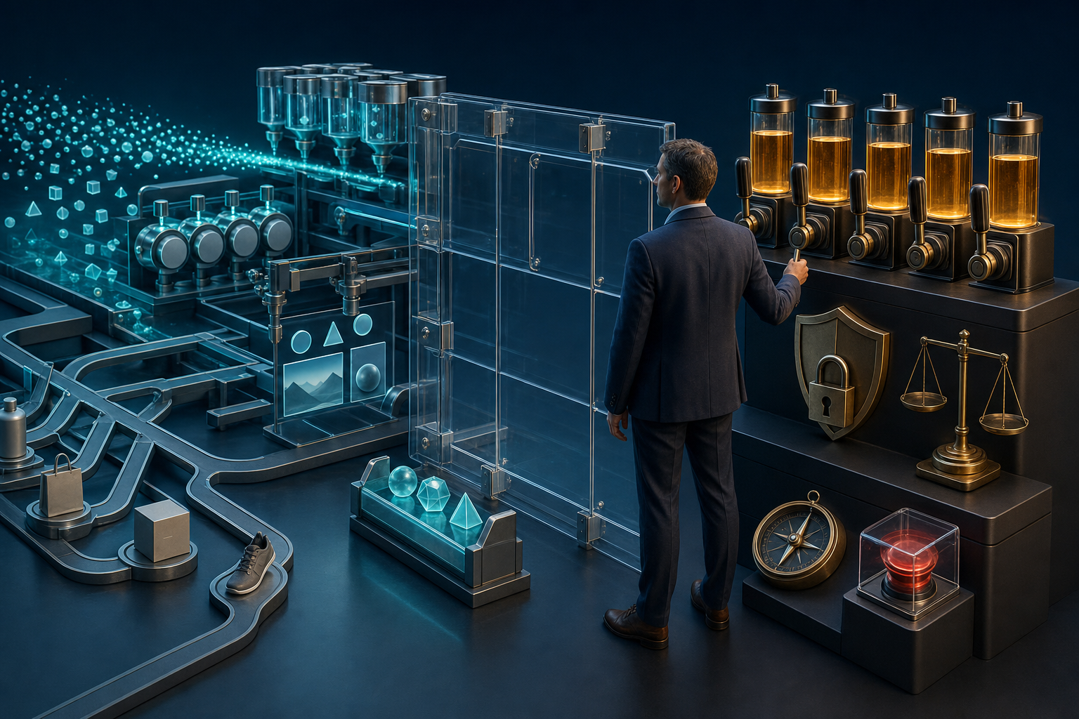 A campaign manager controls a transparent gate separating automated advertising tasks from protected human decisions, with several signals paused for review.