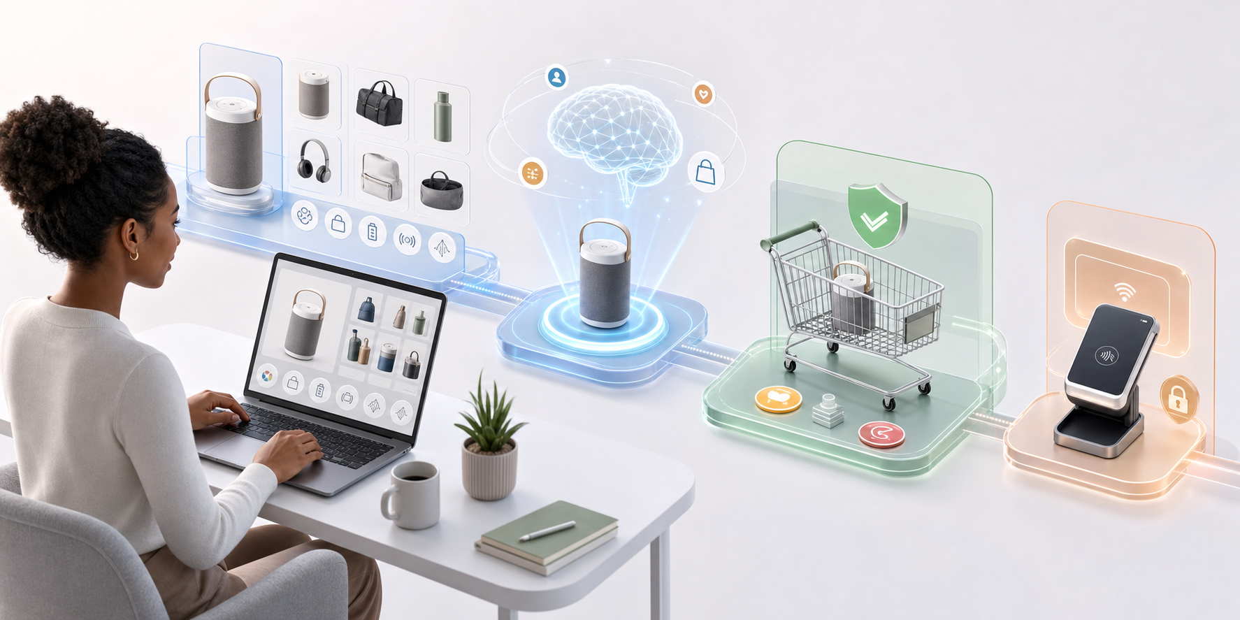 A shopper uses a laptop beside a connected sequence of product catalog, AI matching, shopping cart, and secure payment elements.