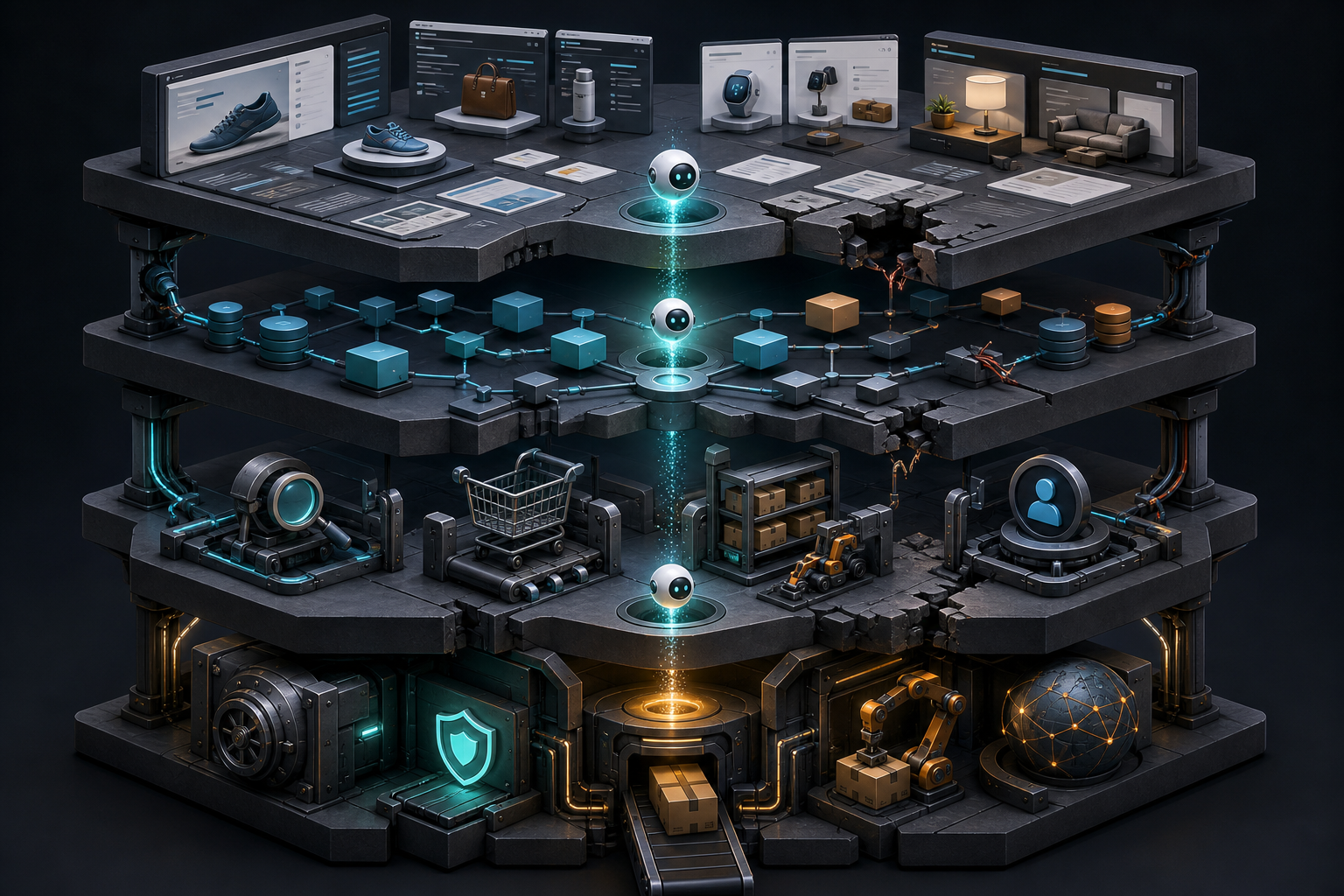 A glowing digital agent travels through four stacked commerce-system layers with several visible broken connections and blocked passages.