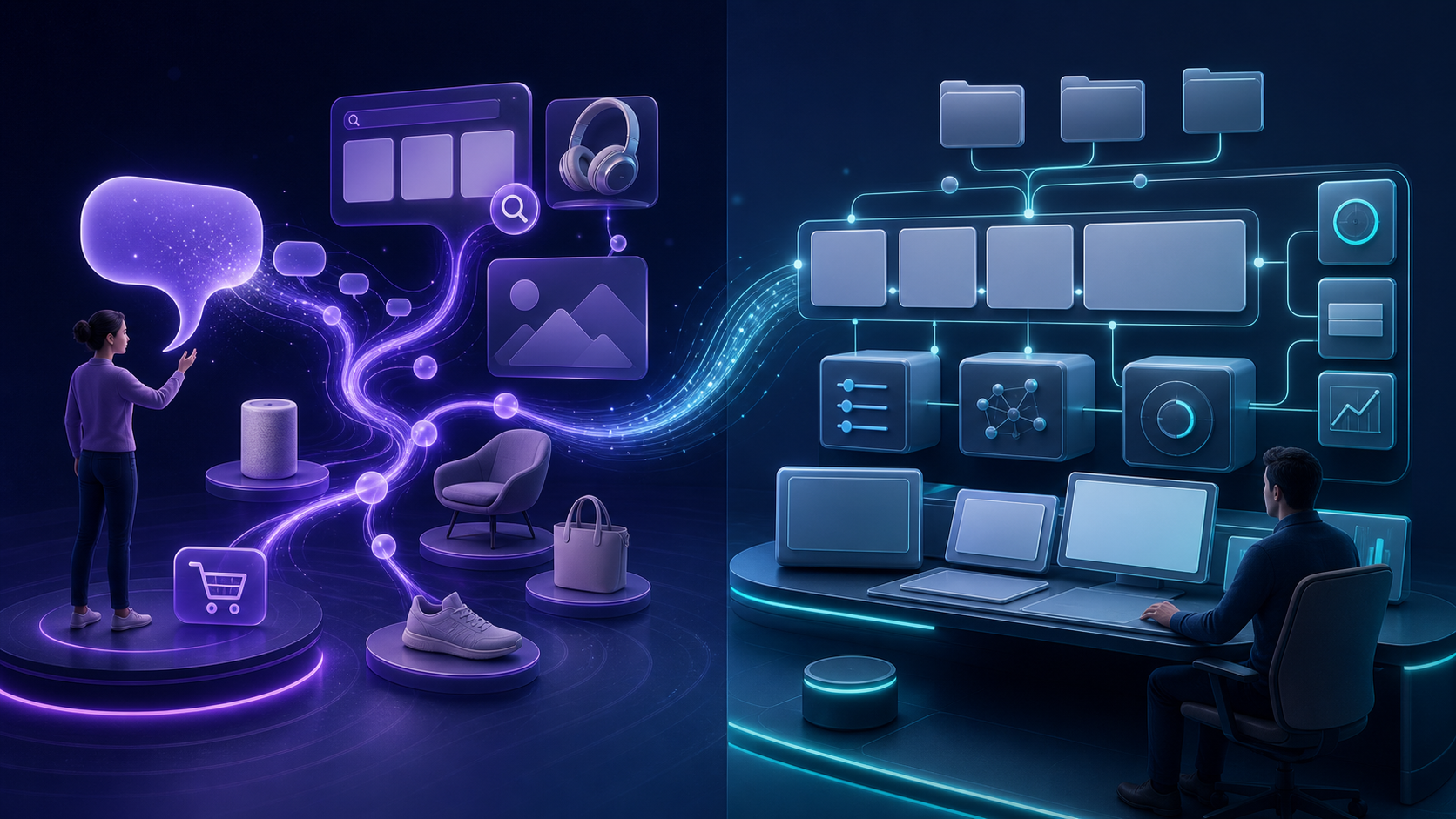 A split illustration contrasts an exploratory product discovery environment with a structured campaign operations room connected by a bridge.