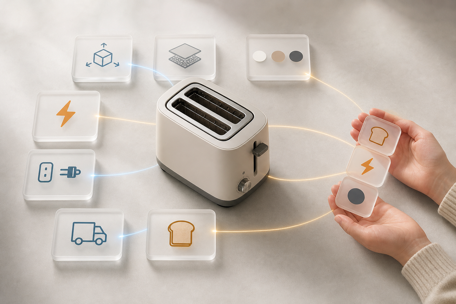 A countertop appliance is surrounded by visual attribute tiles connected to symbols representing a shopper's needs.