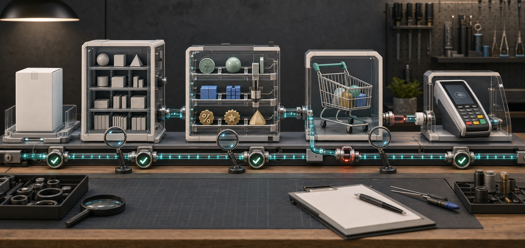 A cutaway commerce system connects a product catalog, guarded offer controls, a shopping cart, and a secure payment device on a workbench.