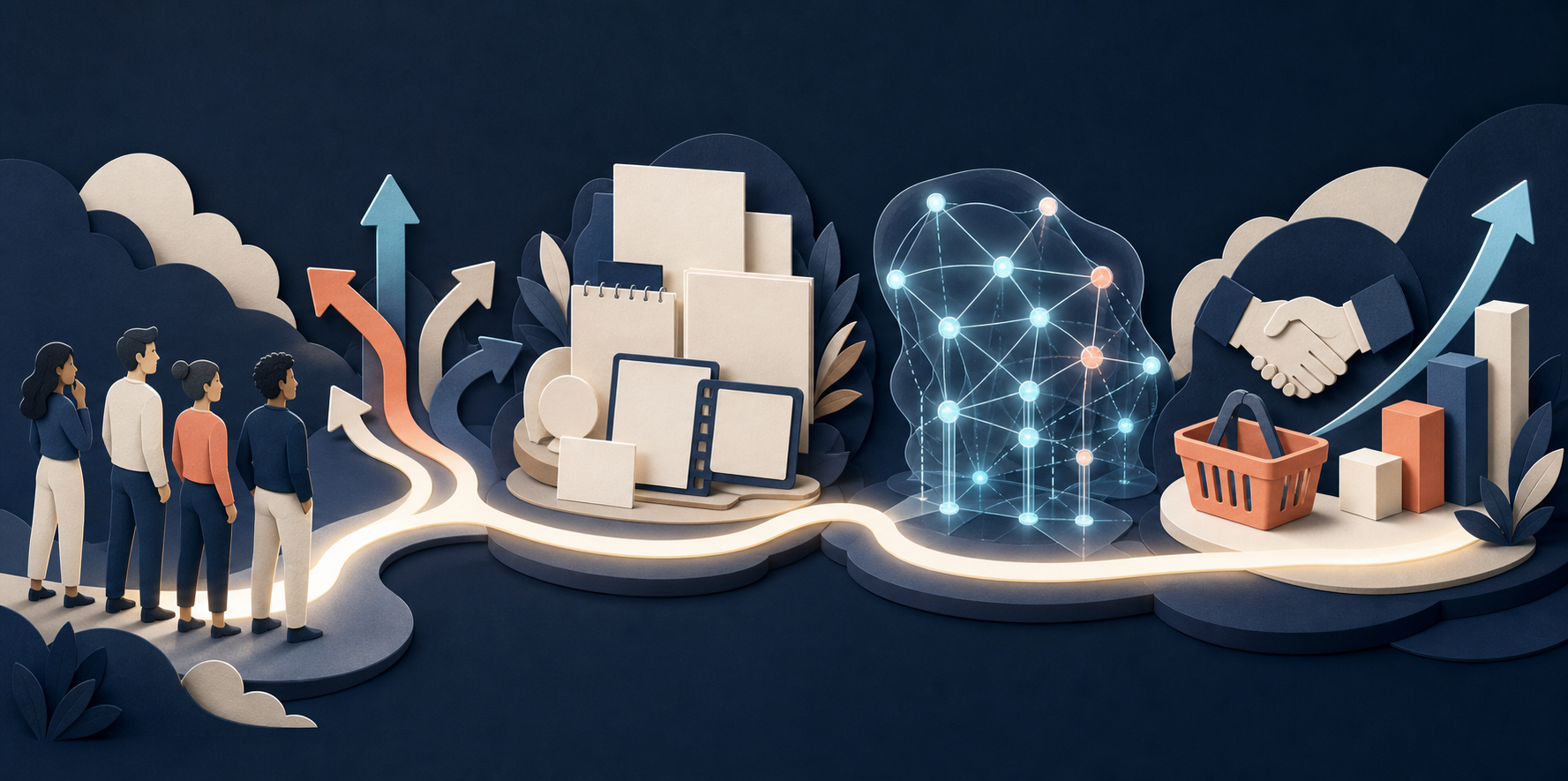 A glowing pathway connects people asking questions with content documents, an AI network, and business outcome symbols.