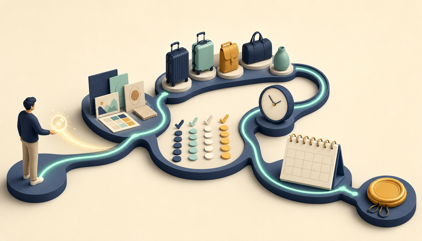 A person follows one continuous digital path through research, product comparison, monitoring, scheduling, and booking stages.