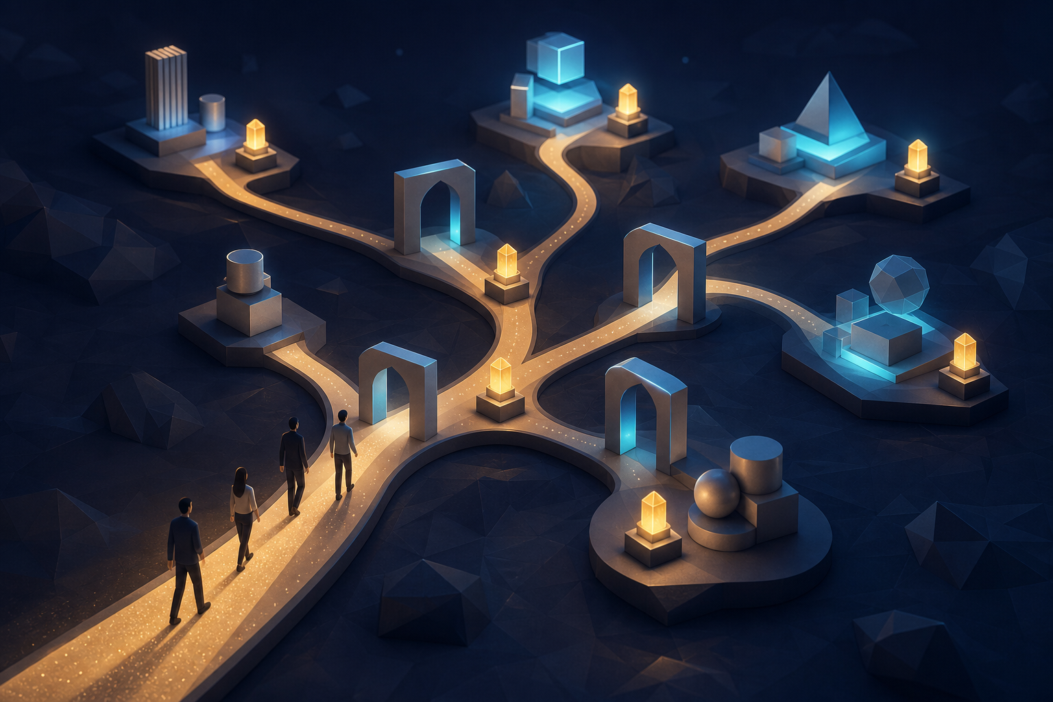 Several people follow branching illuminated paths while the same amber beacon appears at multiple stages of their journey.