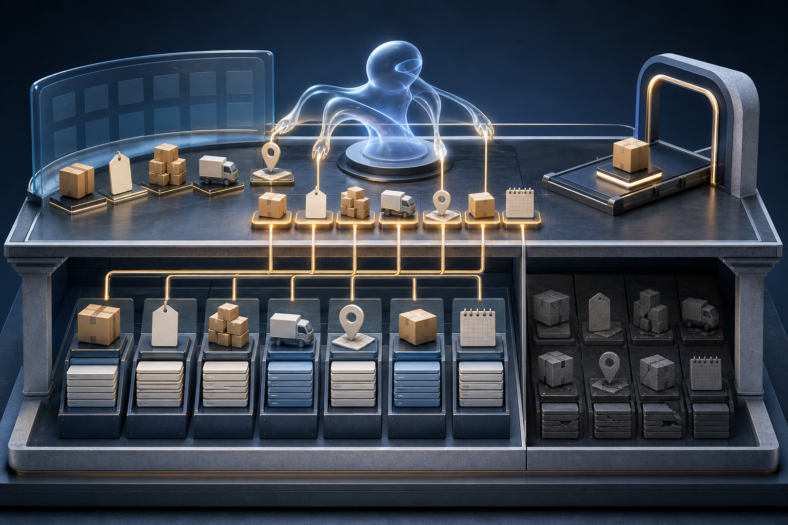 An abstract AI agent selects verified product, inventory, delivery, return, location, and scheduling records from an organized website data layer.