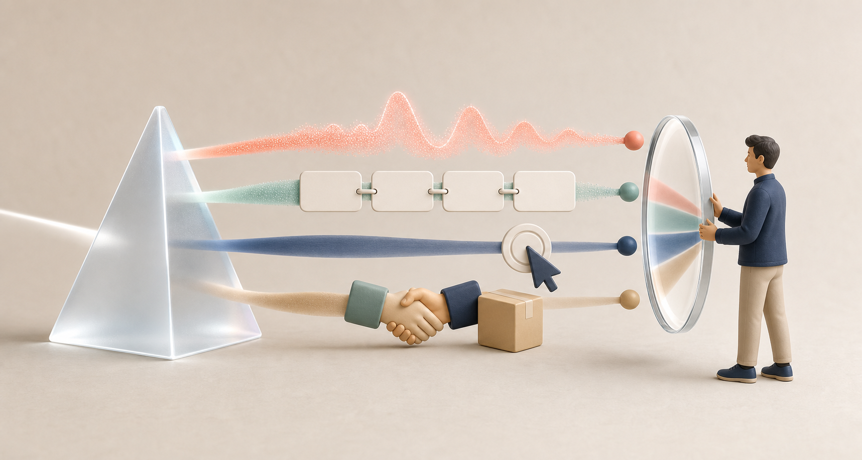 Four separate visual streams represent mentions, source citations, clicks, and business outcomes before converging at an analyst's lens.
