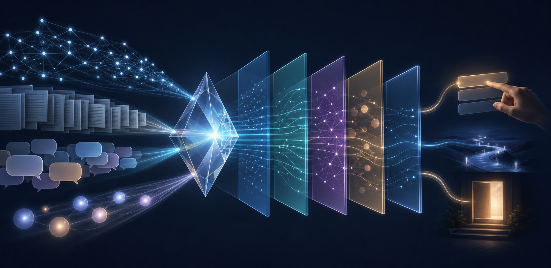 A glowing prism connects multiple streams of technical, content, conversational, and behavioral evidence through five translucent layers to human action symbols.