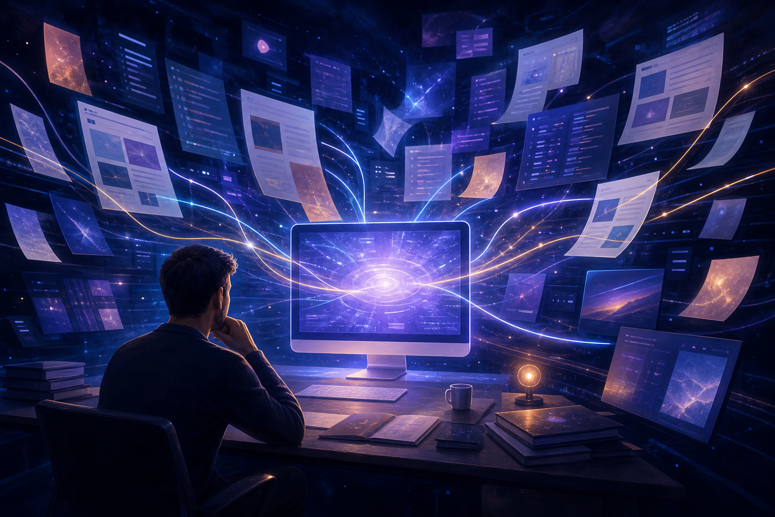 A person uses a central desktop assistant connected to floating research pages, documents, code panels, and media tiles.