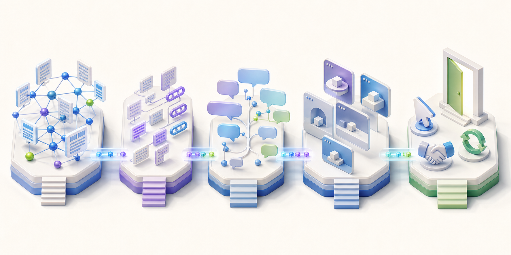 Five connected isometric platforms depict technical access, source evidence, conversational prompts, AI responses, and human outcomes.