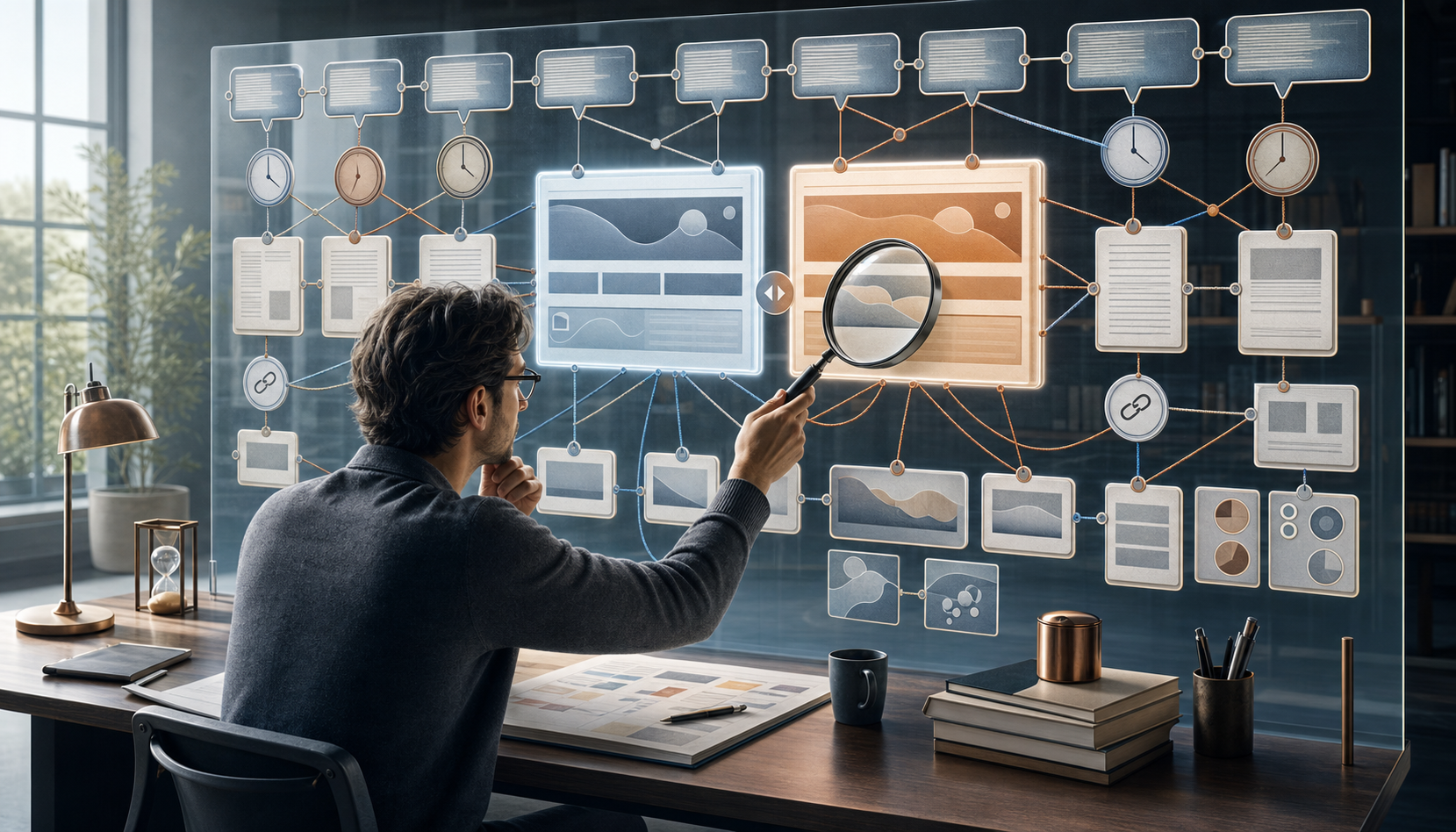 An analyst traces colored connections among blank prompt cards, source documents, response panels, clocks, and change markers on a transparent evidence wall.