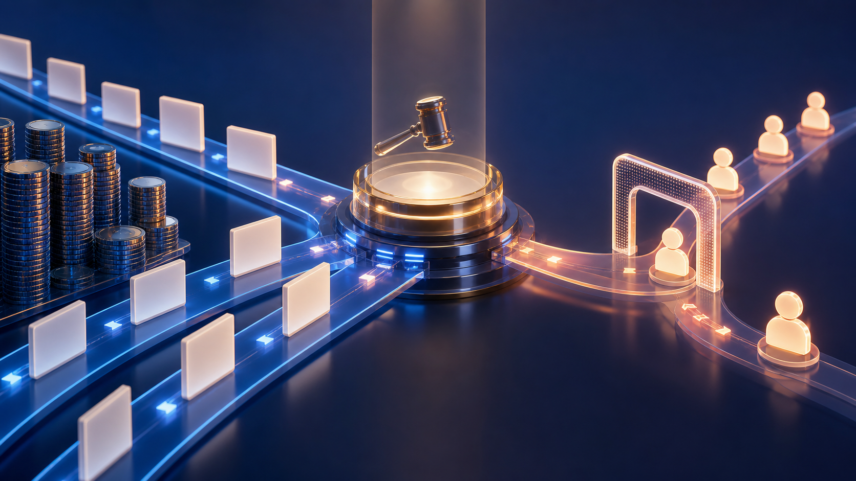 Abstract digital auction with rising stacks of cost tokens and glowing customer markers moving through a conversion gate.