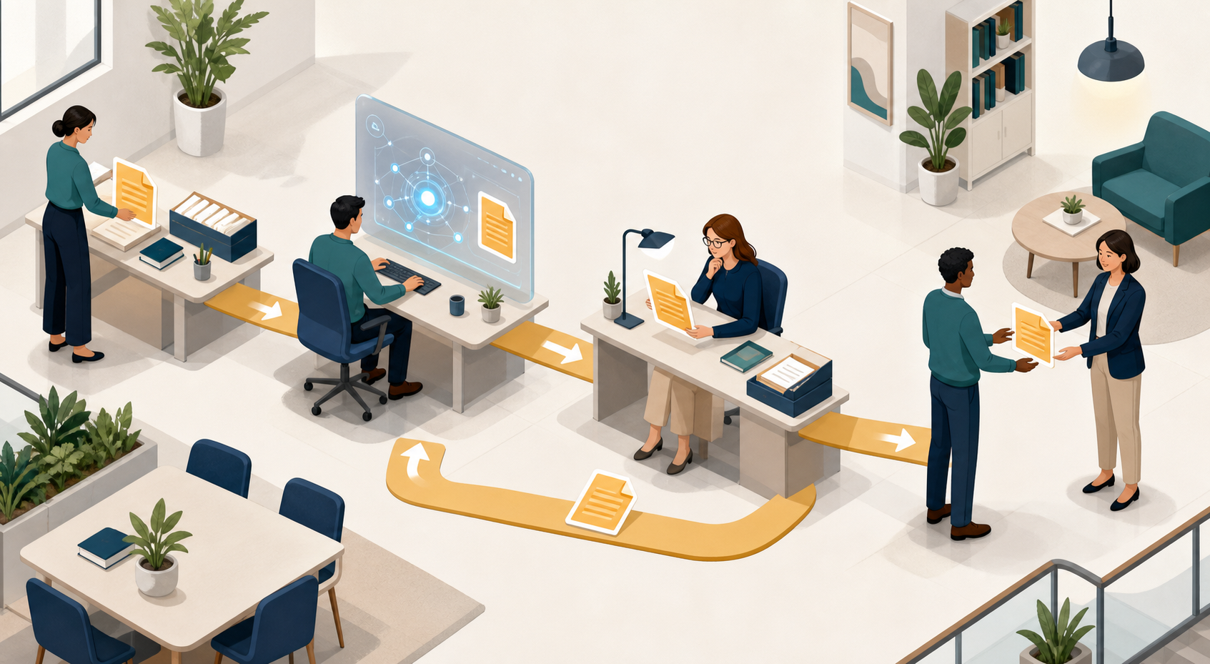 Isometric illustration of one work item moving through preparation, AI assistance, review, revision, and final handoff.
