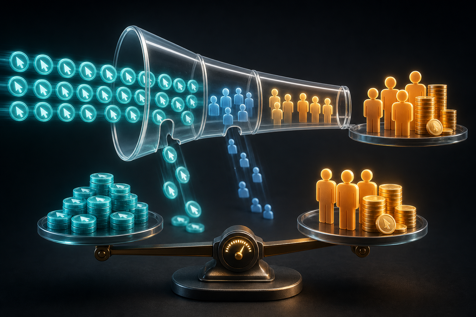 Transparent acquisition funnel turning click tokens into qualified leads and customers while some tokens fall away as wasted spend.