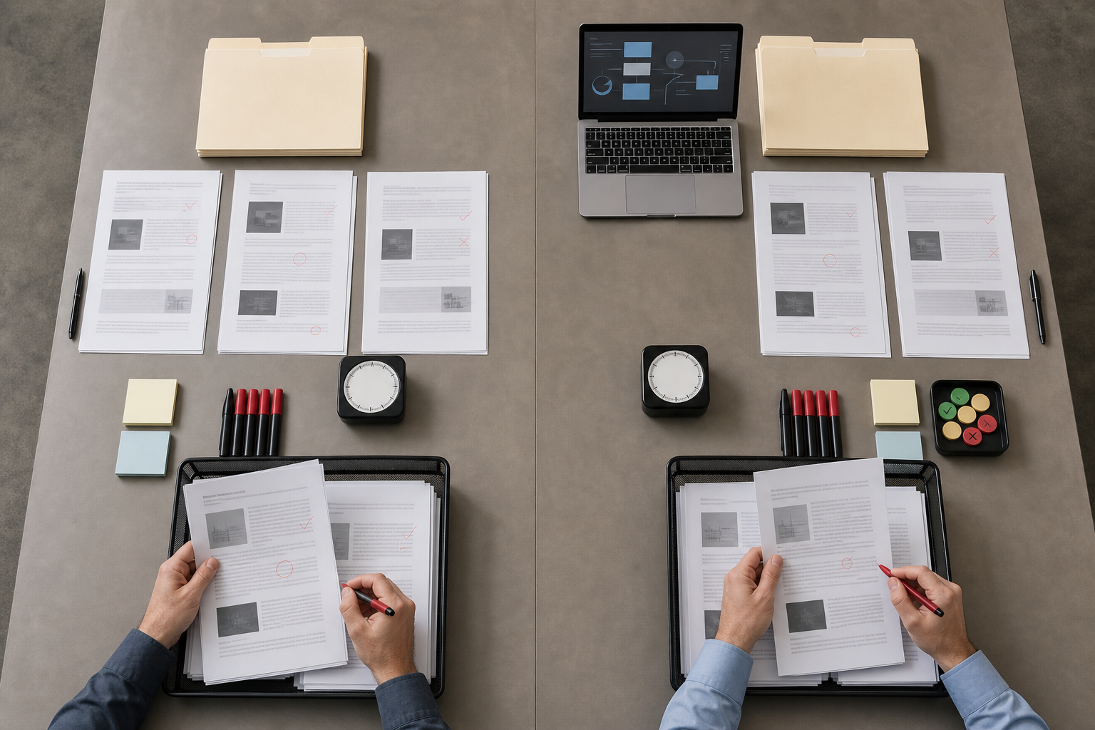 Overhead view of two matched work lanes being evaluated with input folders, completed outputs, review materials, and timers.