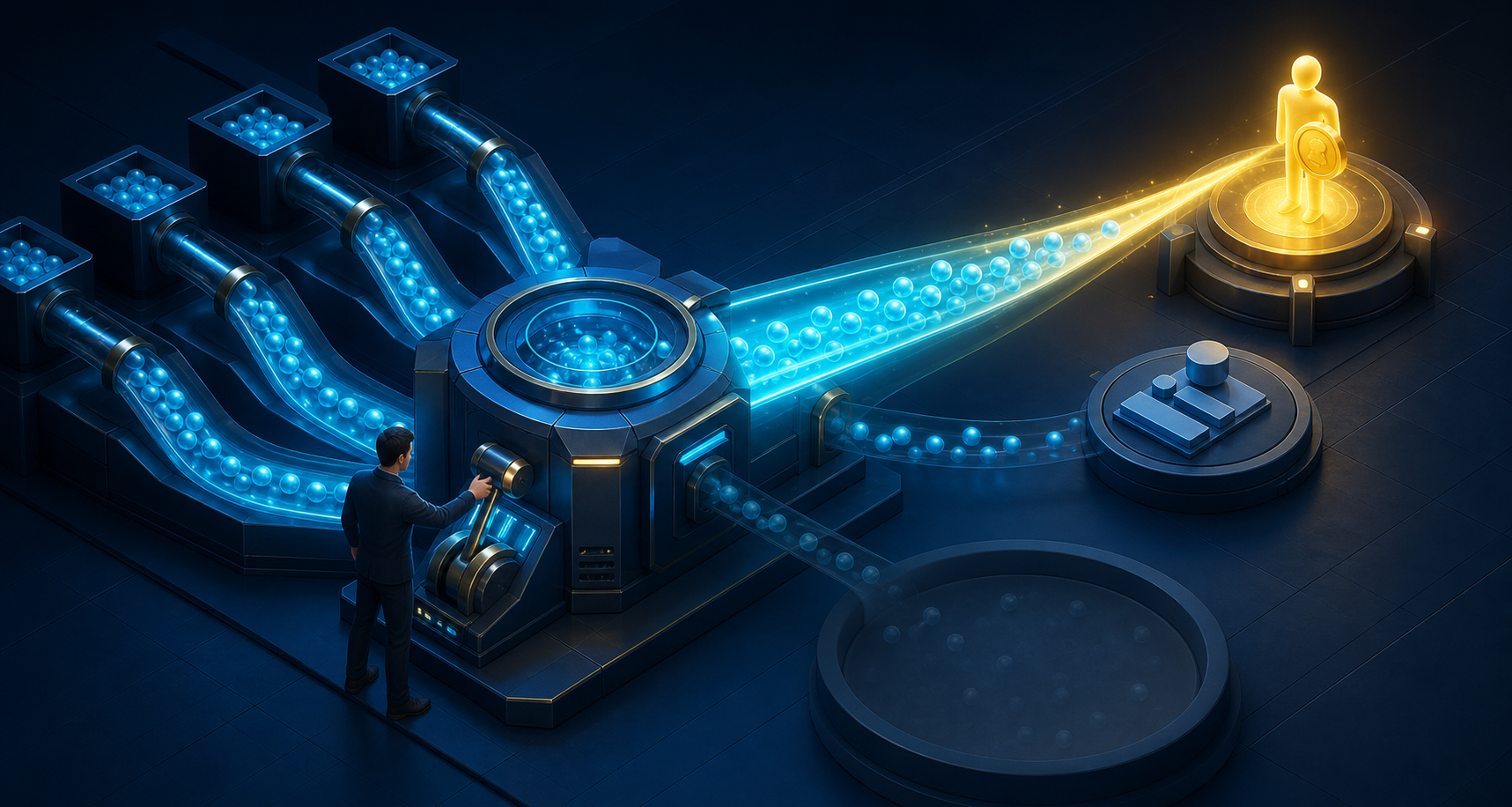 An operator redirects an automated optimization machine from an easy-click target toward a glowing verified-customer target.