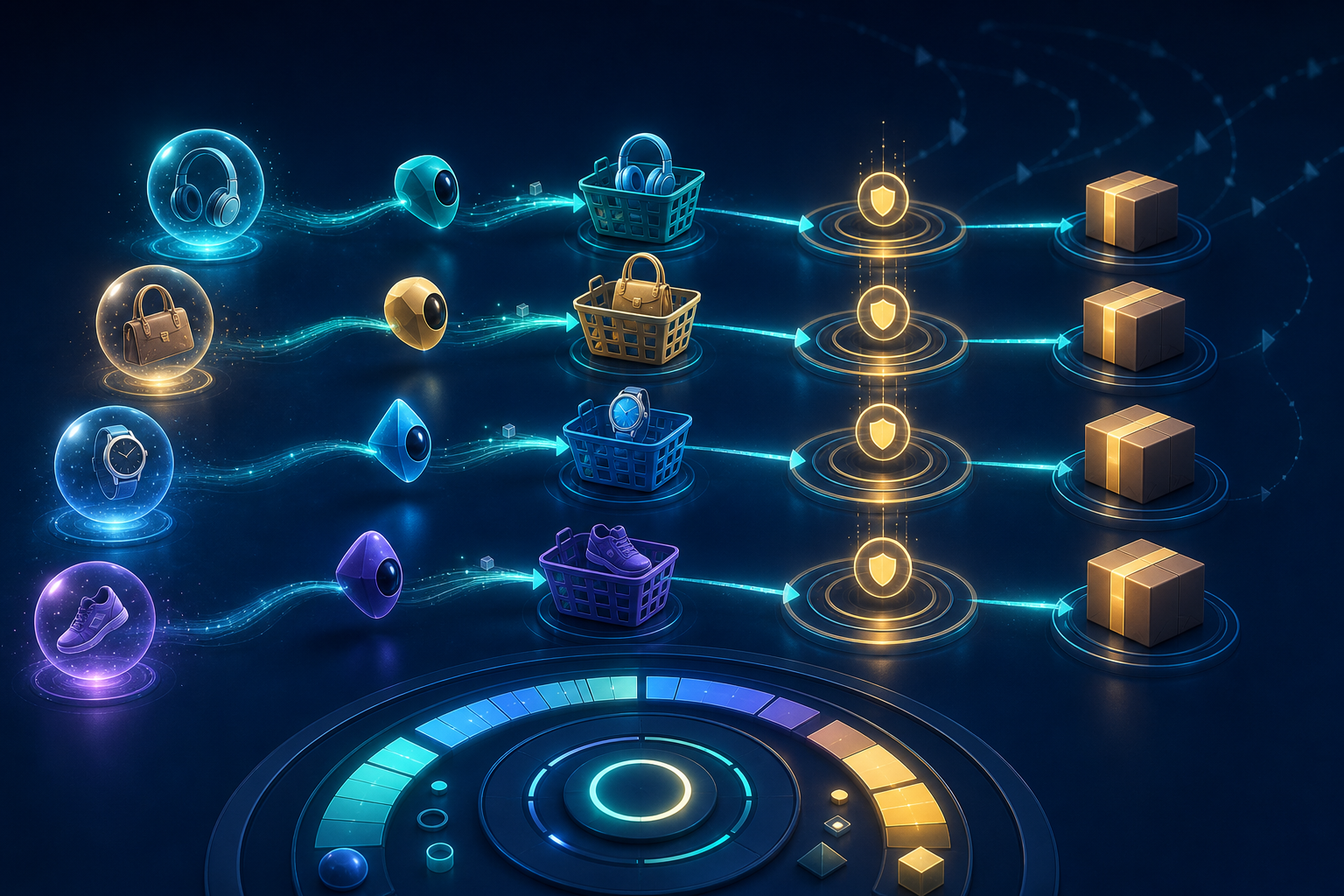 Abstract AI agents carry products through baskets, payment rings, and fulfillment packages while cursor trails fade in the background.