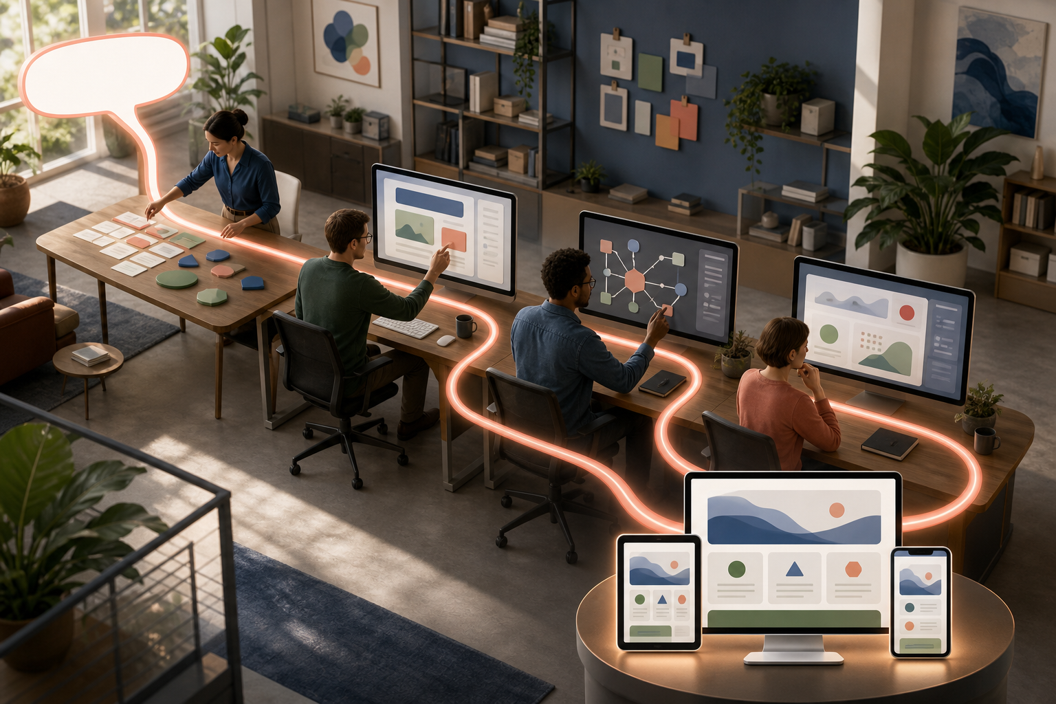 Four specialists work along one illuminated path that turns an audience question into researched content, structured page elements, and a webpage displayed on several devices.