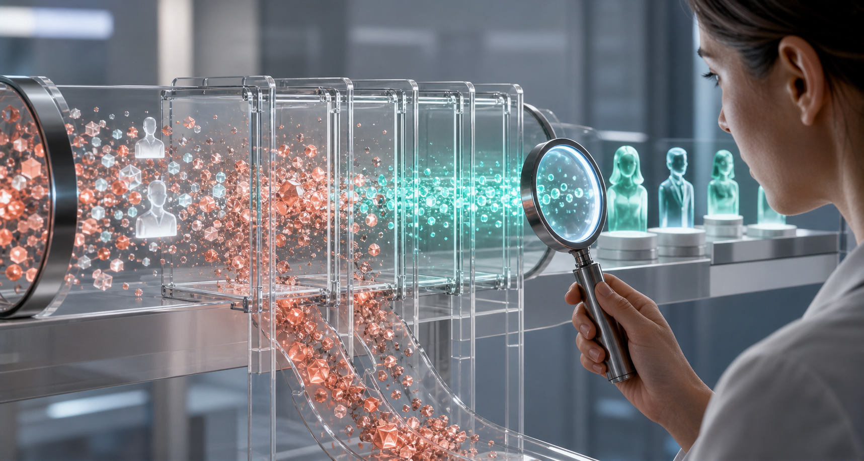 An analyst inspects a transparent pipeline that filters noisy and duplicate inputs into a clean stream of customer signals.