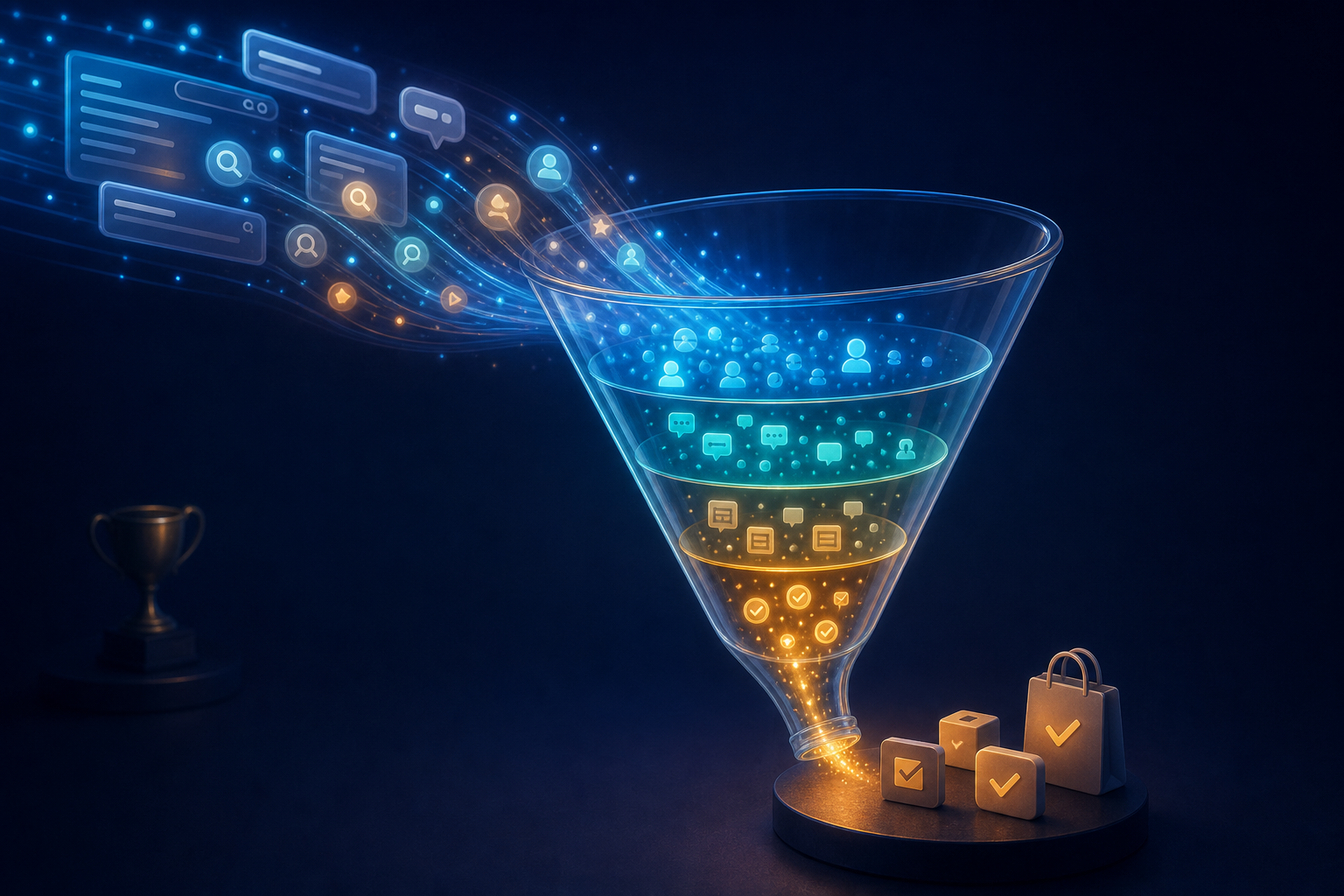 Glowing signals from search and conversational interfaces pass through a transparent funnel toward completed actions, while a small trophy sits apart in the background.