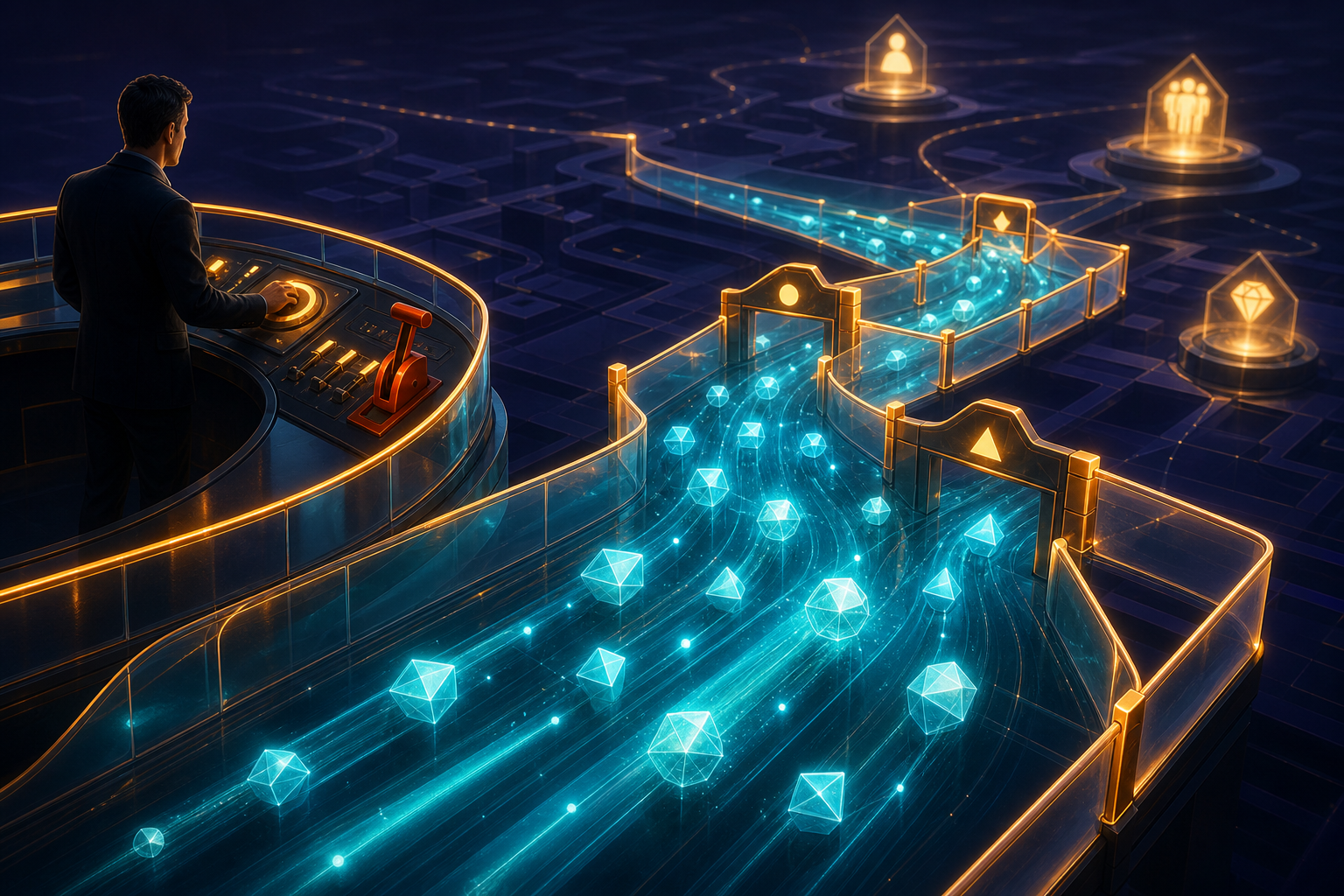 A strategist supervises fast-moving automated agents traveling within a transparent corridor bounded by gates and safety rails.