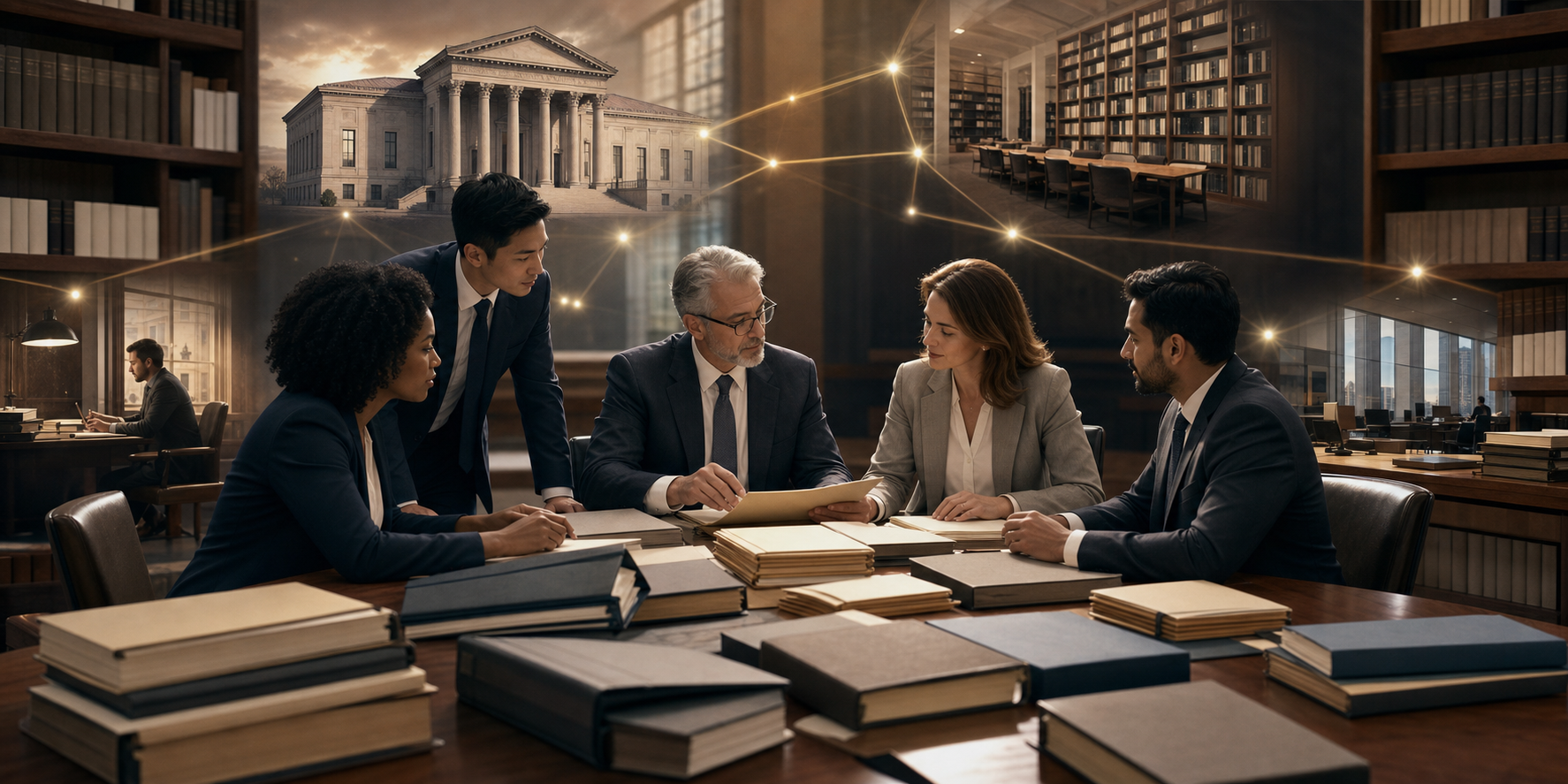 Attorneys review legal reference materials at a table while glowing connections extend toward a courthouse, library, media desk, and professional institutions.