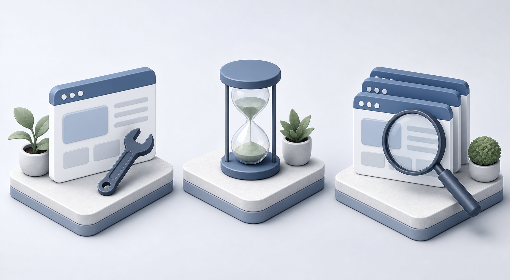 A repaired web-page card, an hourglass, and a magnifying glass arranged as a three-stage monitoring sequence.