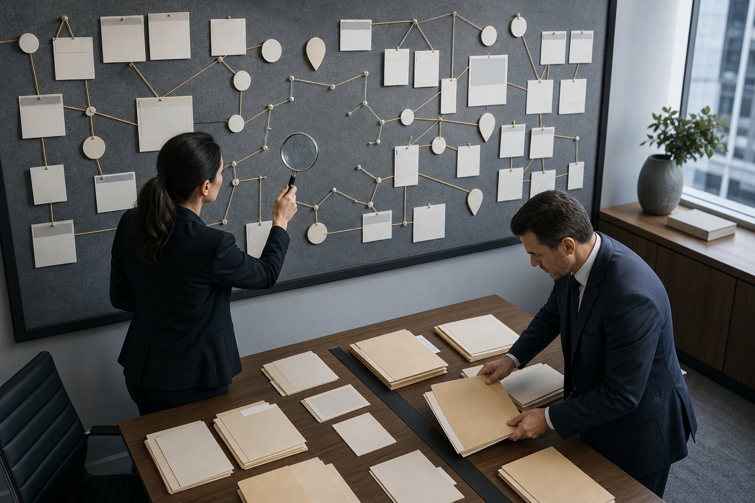 A strategist and an attorney inspect an evidence wall with connected profile cards and visible gaps while sorting files in a conference room.