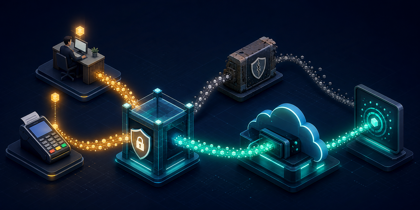 Offline checkout and sales outcomes flowing through a secure gateway into a newer cloud-based measurement connection.