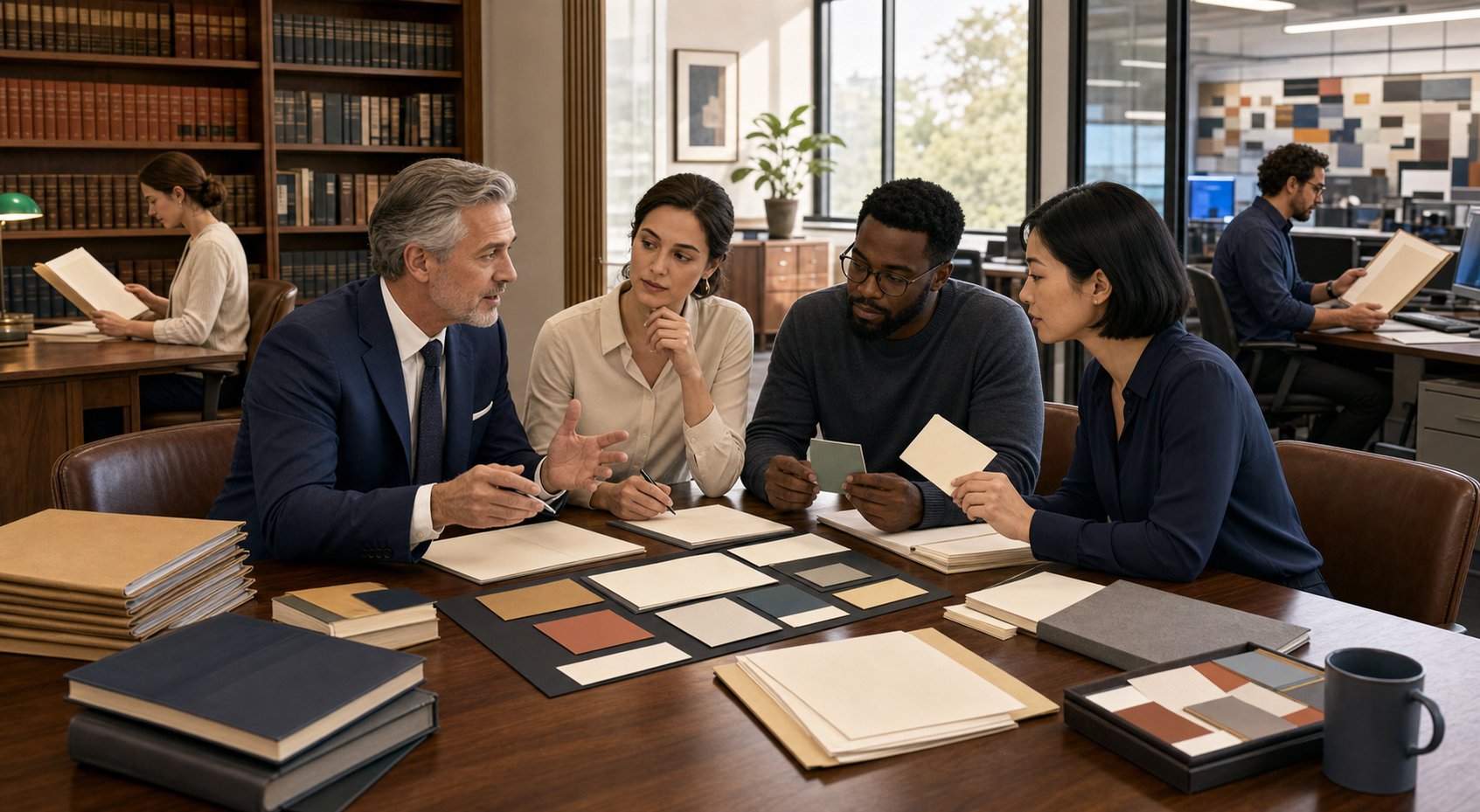 An attorney shares legal knowledge with a research and editorial team as organized reference packets are passed to independent library and newsroom professionals.