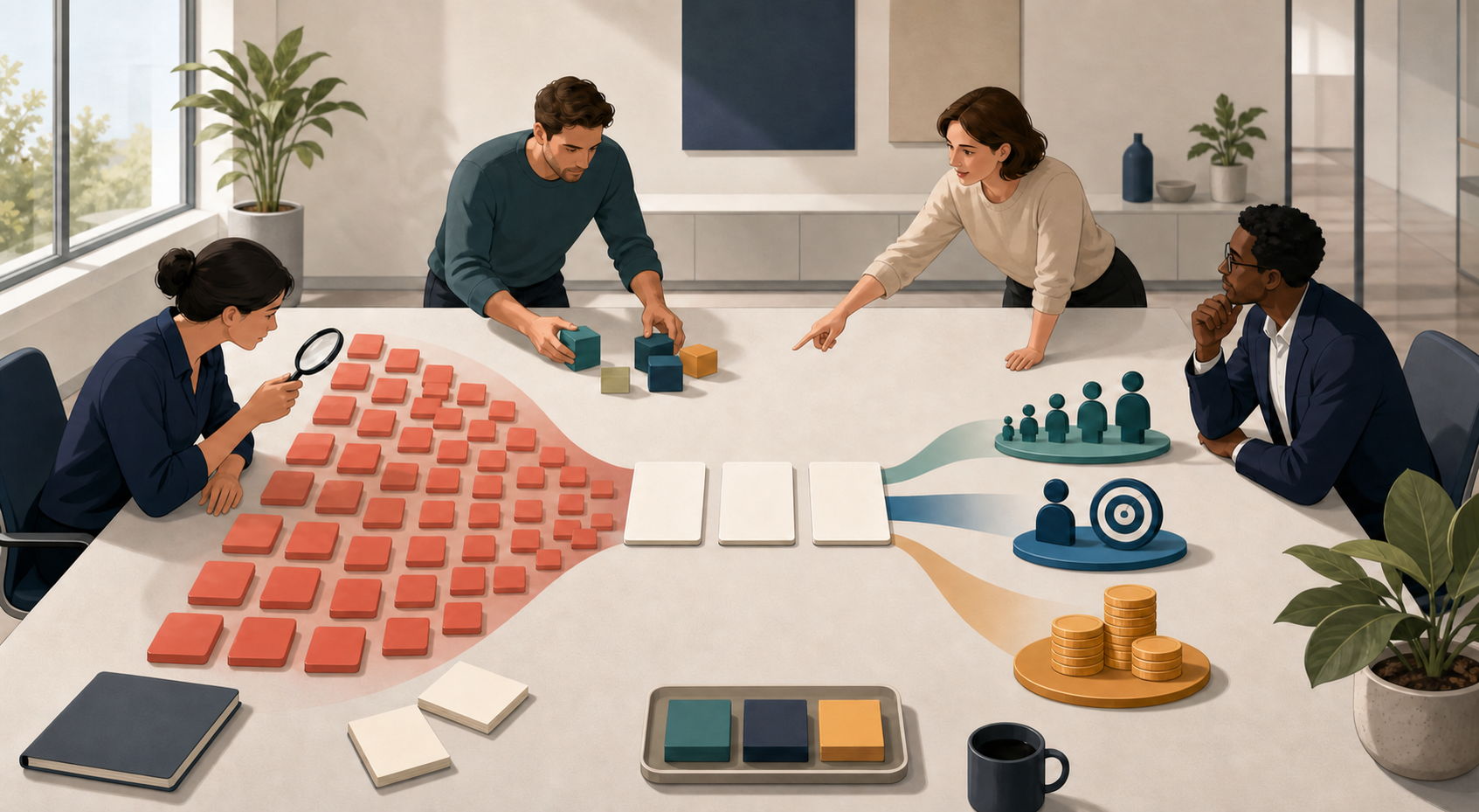 A cross-functional team sorts many red audit warning tiles into a short sequence of prioritized task cards connected to business outcome symbols.